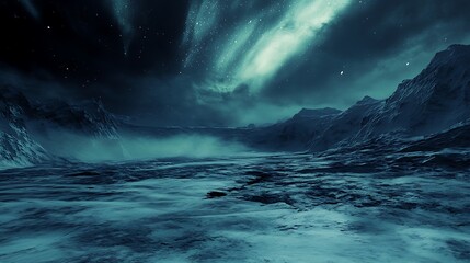 Fototapeta premium Aurora lights swirling over the vast expanse of a glacier field in the arctic