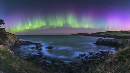 Naklejka premium Brilliant aurora borealis with shades of green and purple above a rugged coastline