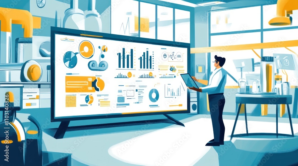 Poster a person analyzing data on a large screen in a modern industrial setting.