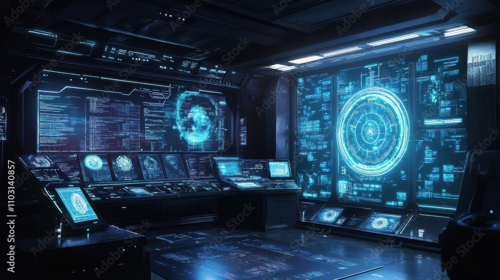 Poster futuristic control room displaying advanced technology interface