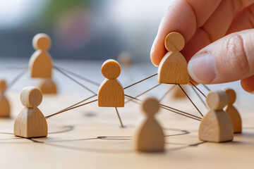 Hand arranging wooden figurines connected by strings on a network structure symbolizing teamwork and collaboration.