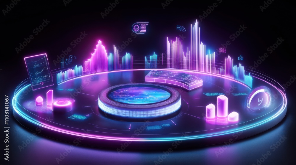 Aufkleber futuristic data visualization with neon colors and abstract shapes