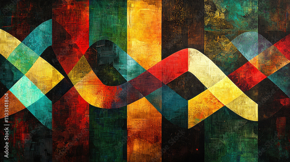 Poster colorful abstract art with intertwined geometric shapes and vibrant textures, creating dynamic and e