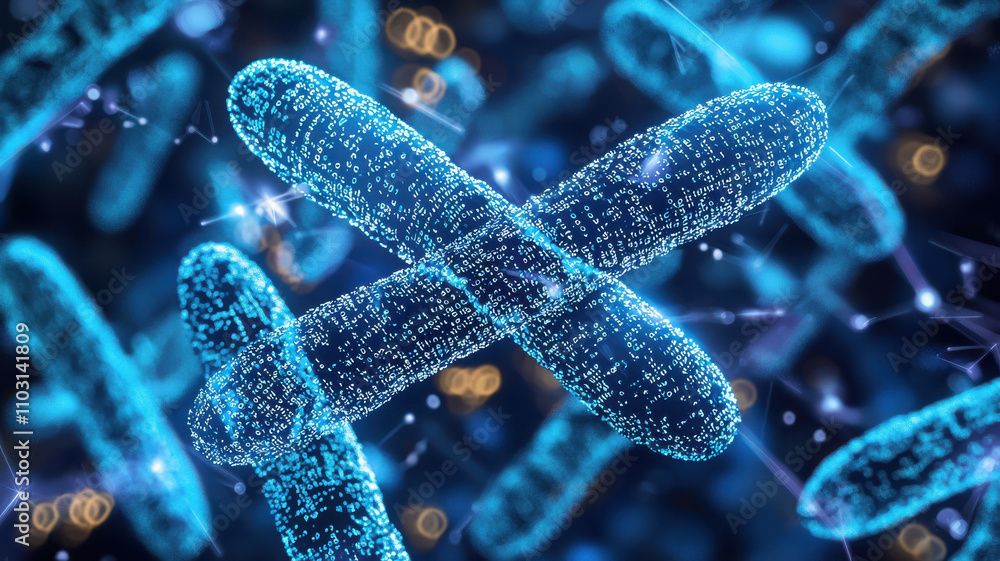 Poster artistic representation of glowing chromosomes surrounded by digital matrix, symbolizing genetic dat