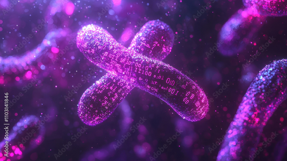 Poster vibrant artistic representation of chromosomes surrounded by digital binary code, glowing in shades 
