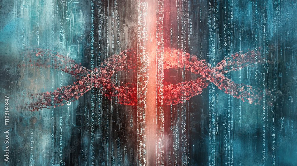 Poster digital representation of dna strands intertwined with binary code, symbolizing fusion of biology an