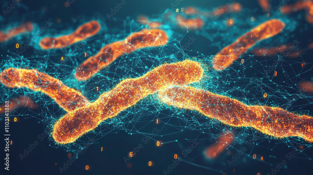 Poster digital illustration of glowing chromosomes surrounded by network of binary code, symbolizing inters