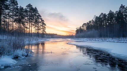 Fototapeta premium Aurora borealis illuminating the horizon over a frozen river in a quiet wilderness