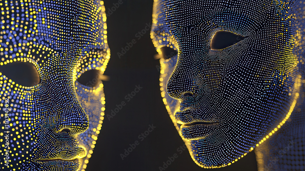 Poster 3d rendered biometric face scan with glowing dots, showcasing digital features and expressions. intr