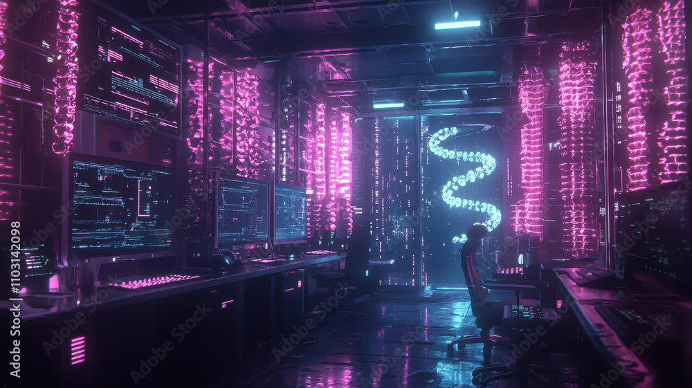 Aufkleber futuristic laboratory with neon lit chromosome structures and advanced computer systems creates high