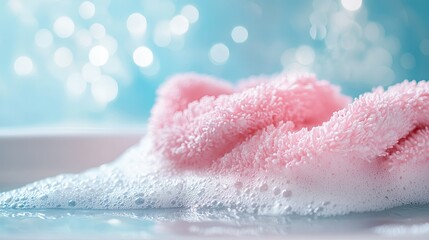 Fototapeta premium Soft Pink Towel on Foam with Blue Background in Relaxing Environment