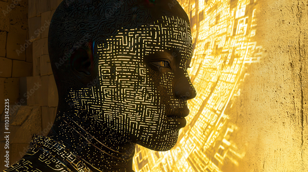 Poster 3d rendered biometric face scan showcasing intricate patterns and glowing elements, evoking sense of