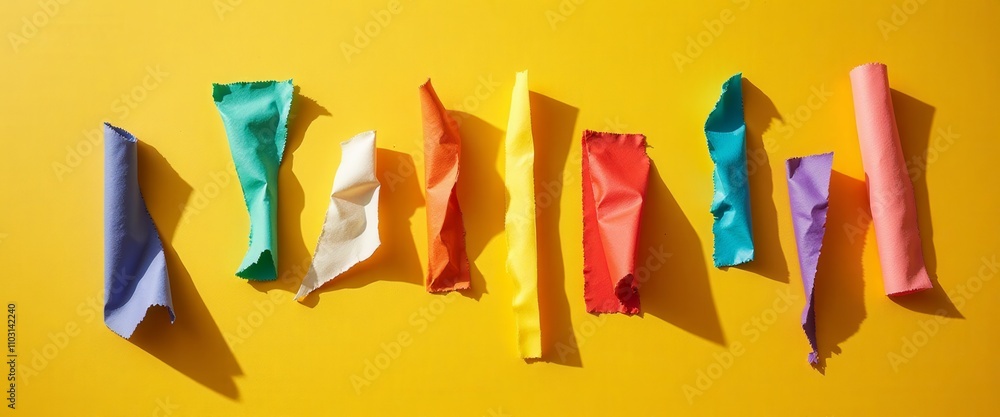 Poster a bunch of torn paper with different colors and sizes. the paper is scattered on a yellow background