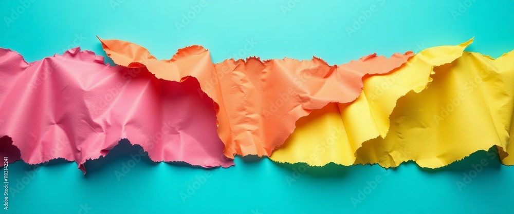 Poster a bunch of torn paper with different colors and sizes. the paper is scattered on a yellow background
