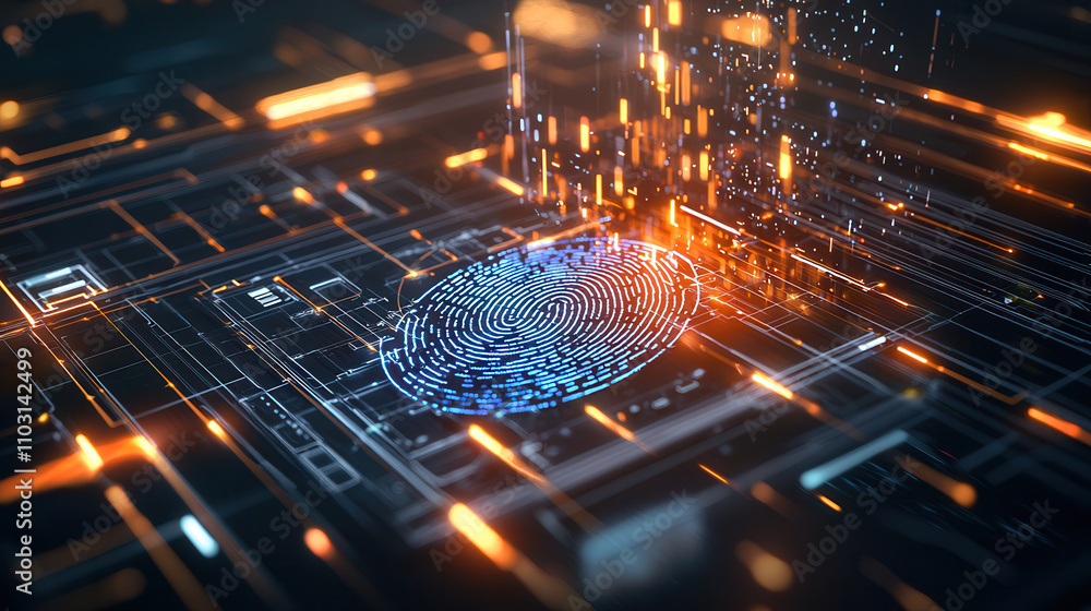 Poster glowing biometric fingerprint scan surrounded by digital circuitry, showcasing advanced technology a