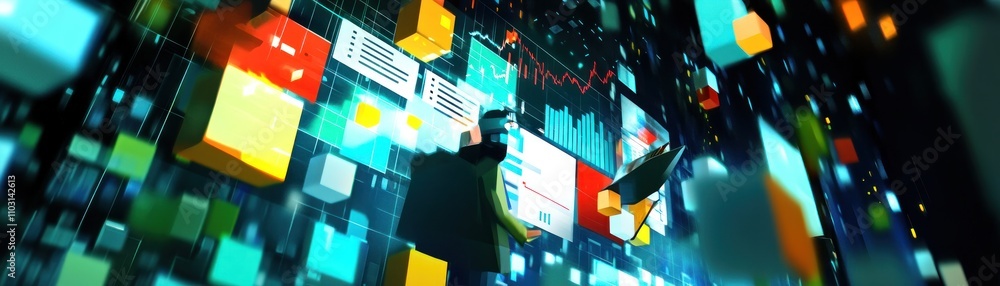 Poster abstract digital landscape with data visualization and futuristic elements.