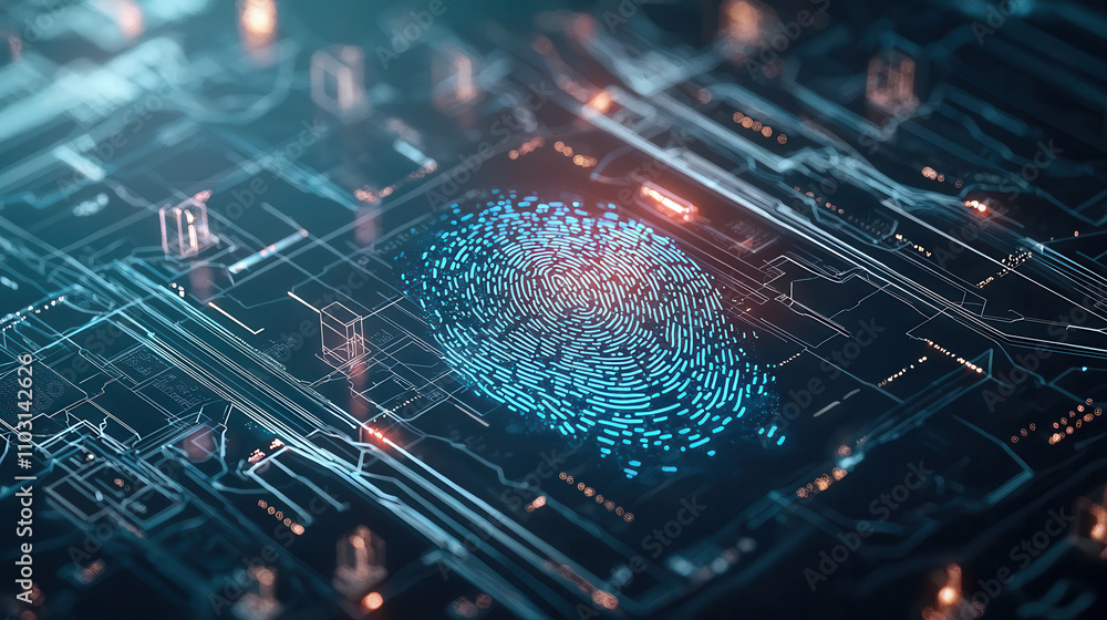 Poster glowing biometric fingerprint scan on digital circuit board, showcasing advanced technology and secu