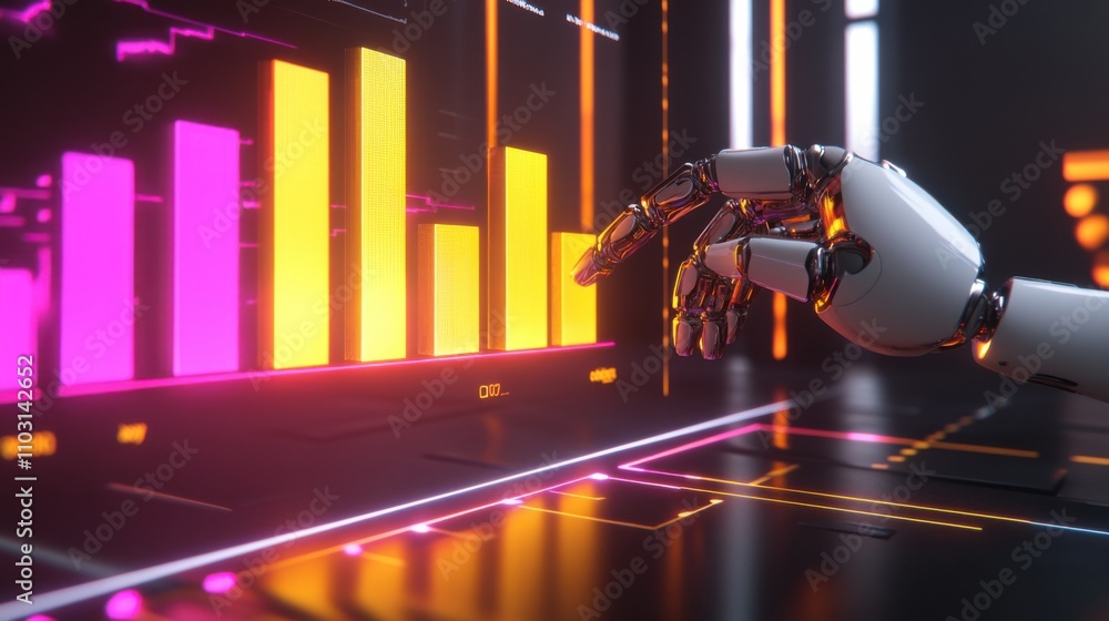 Poster robotic hand interacting with vibrant data visualization elements