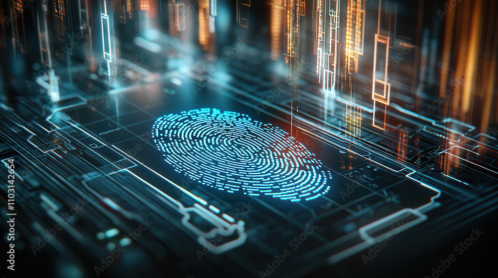 Poster glowing biometric fingerprint scan on digital interface, showcasing advanced technology and security