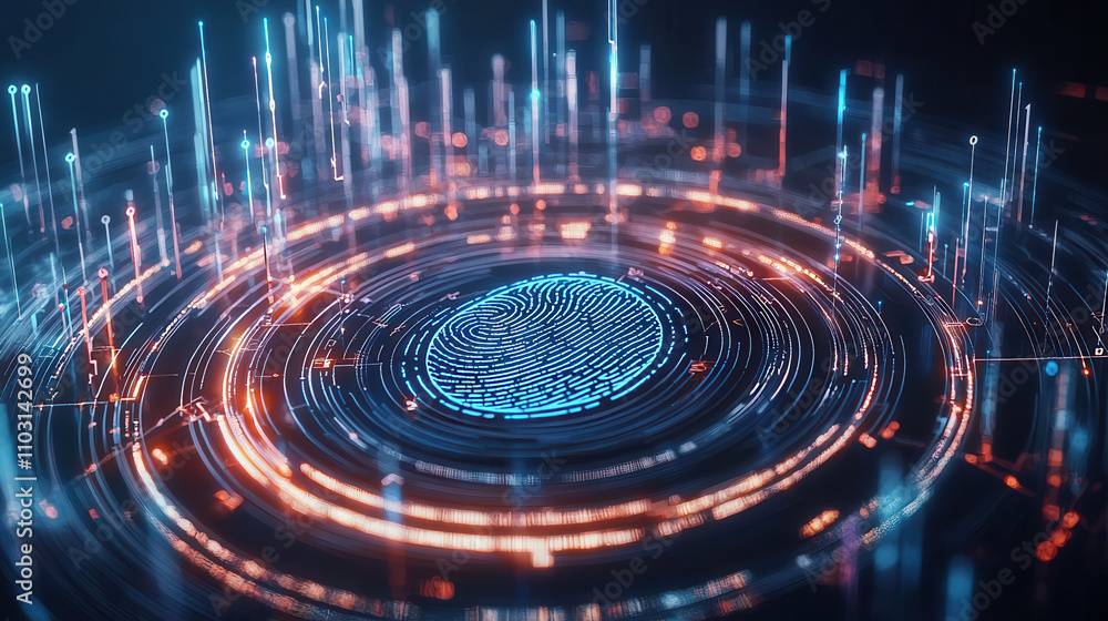 Poster glowing biometric fingerprint scan surrounded by vibrant neon lights, showcasing advanced technology
