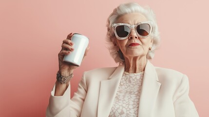 Portrait of elegant old woman holding clean aluminium 33 cl can