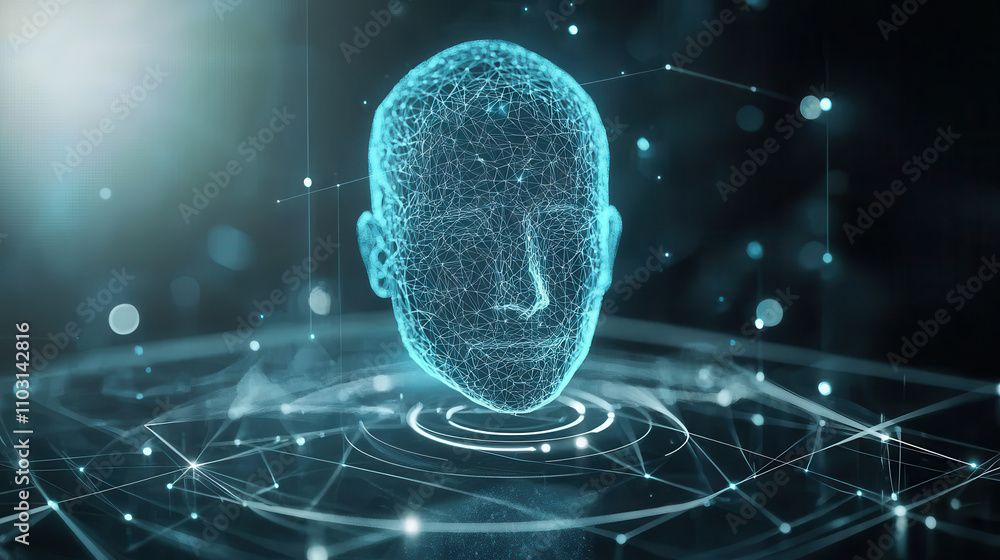 Poster digital representation of human head created with network of lines and nodes, symbolizing identity v
