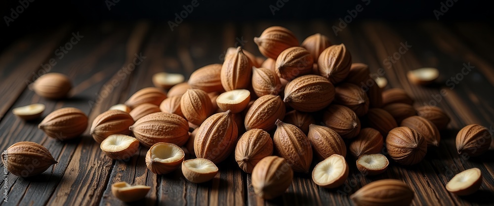 Poster a pile of walnuts with some of them open. the walnuts are scattered on a table