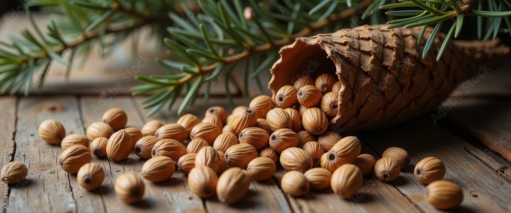 Poster a pile of nuts is on a wooden table. the nuts are scattered around the table and some are in a cone 