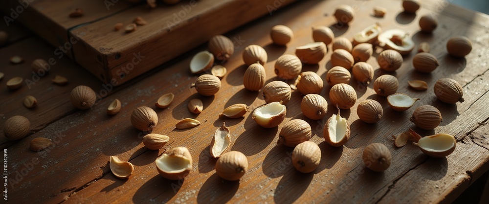 Poster a pile of walnuts with some of them open. the walnuts are scattered on a table