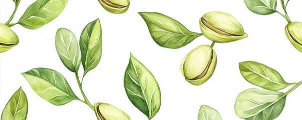 Naklejka premium Watercolor illustration of Pistachios nuts isolated on white background,Watercolor hand drawn illustration,Hand drawn nuts,hand drawn set design template for packaging,for menu cafe,copy space.