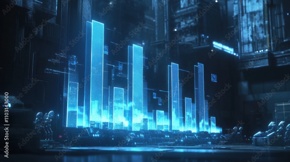 Poster futuristic data visualization with neon bars and sci-fi elements