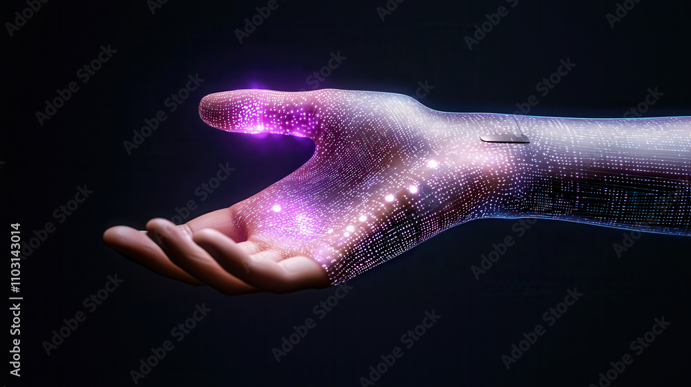 Poster close up of futuristic hand with glowing digital patterns, showcasing advanced technology and innova