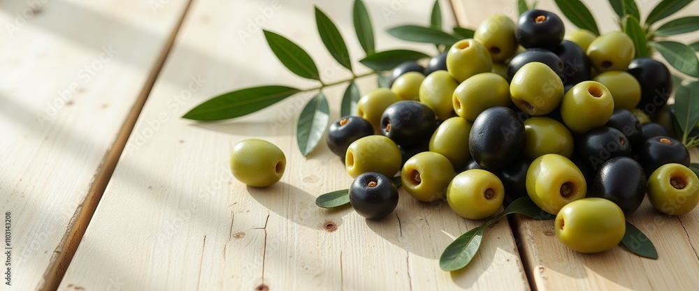 Poster a bunch of black and green olives are piled on a wooden table. the olives are arranged in a way that
