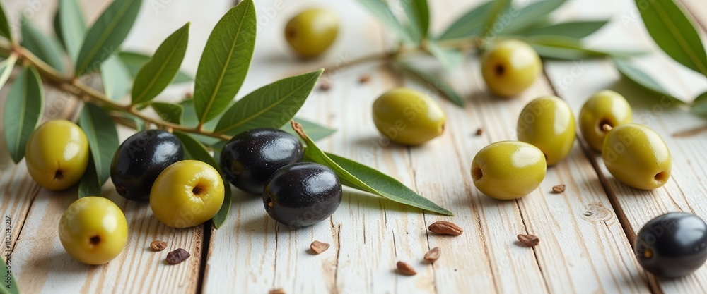 Poster a bunch of black and green olives are piled on a wooden table. the olives are arranged in a way that