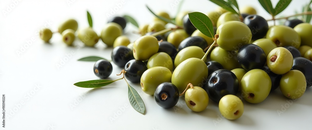 Poster a bunch of black and green olives are piled on a wooden table. the olives are arranged in a way that