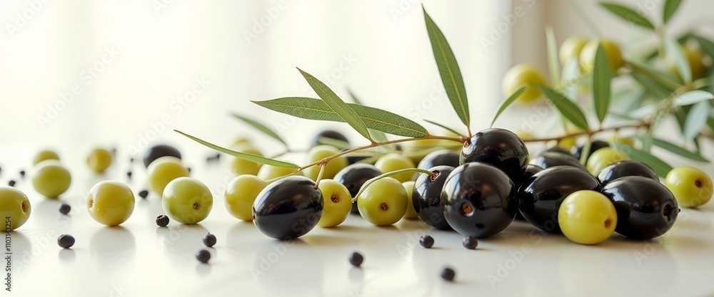 Poster a bunch of black and green olives are piled on a wooden table. the olives are arranged in a way that