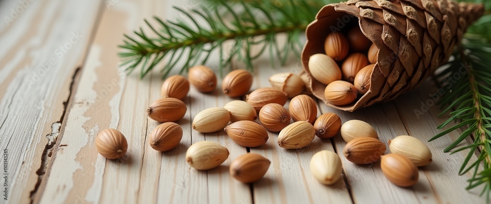Poster a pile of nuts is on a wooden table. the nuts are scattered around the table and some are in a cone 