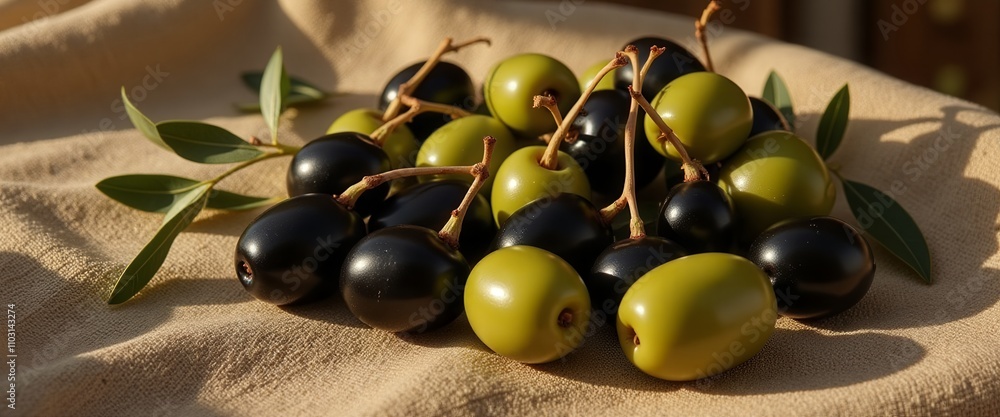Poster a bunch of black and green olives are piled on a wooden table. the olives are arranged in a way that