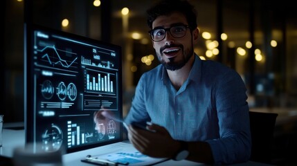 A man engages with digital data on a computer screen in a modern workspace.