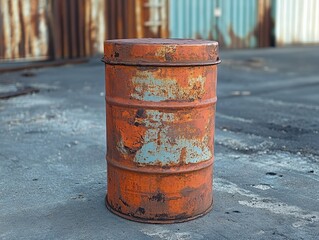 Fototapeta premium A weathered orange metal barrel stands on a gritty surface, showcasing its rustic texture and industrial charm in an urban setting.