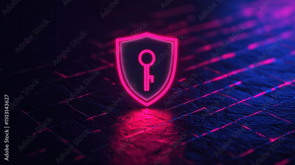 Poster conceptual hologram of shield with key symbol, representing security and protection in digital envir