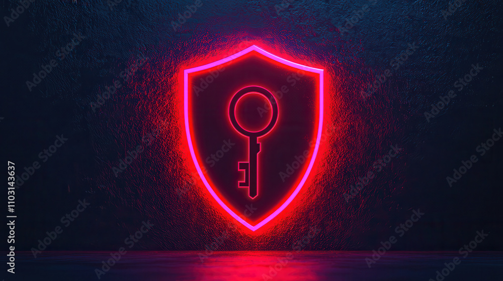 Poster neon shield with key symbol, representing security and protection in digital environments, emphasizi
