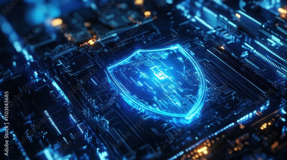 Aufkleber digital security shield overlay on circuit board background