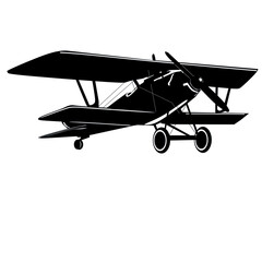 biplane isolated on white background, silhouette vintage aircraft 