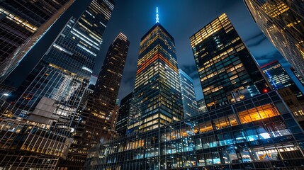A low angle shot of a city skyline at night with tall buildings lit up.