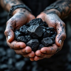 Coal mining - coal miner in the man hands of coal background. Picture idea about coal mining or energy source, environment protection. Industrial coals. Volcanic rock.