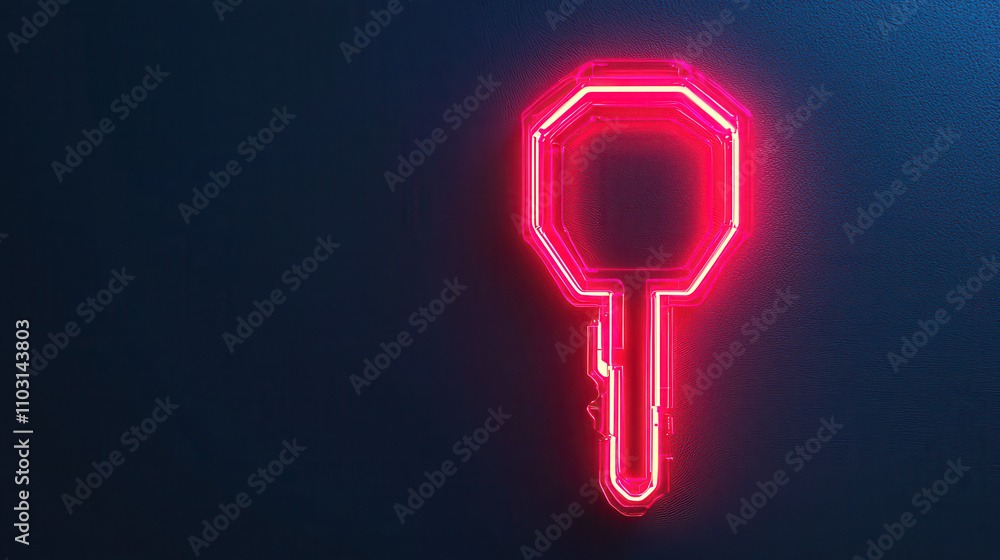 Poster neon key symbol glowing in red against dark background, representing security and access. design is 