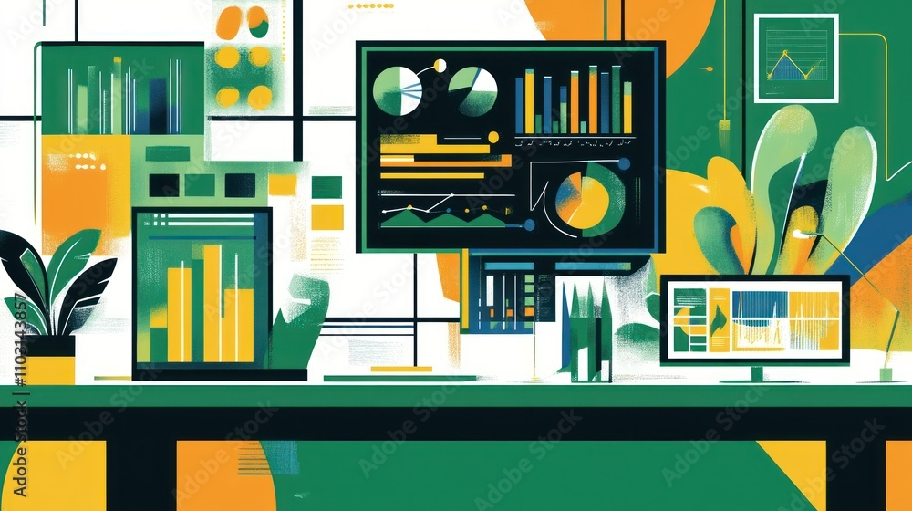 Poster a vibrant workspace featuring data visualizations and technology elements.