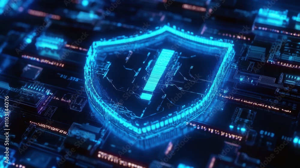 Poster digital shield representing cybersecurity and data protection concepts