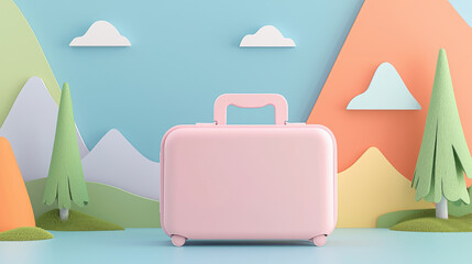 3D render of cute pastel pink suitcase against colorful mountain backdrop, evoking sense of adventure and whimsy. Perfect for travel themed designs